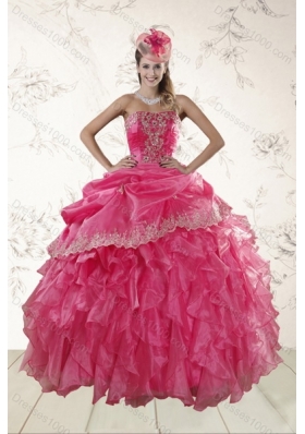 Beautiful Ruffles and Appliques Quince Dresses in Hot Pink