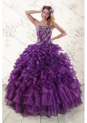 Designer Purple Strapless Appliques and Ruffles Quince Dresses for 2015