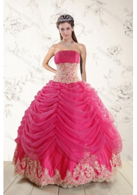 Fashionable 2015 Strapless Hot Pink Quinceanera Dresses with Beading and Lace