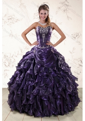 Purple Sweetheart Floor Length Quince Gowns Embroidery and Ruffles