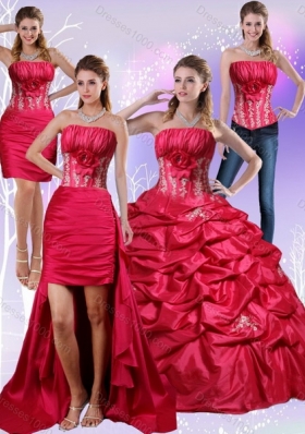 2015 Detachable Strapless Red Quinceanera Dress with Appliques and Pick Ups