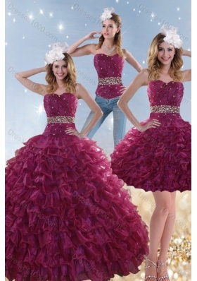 Detachable Burgundy Sweet 15 Dresses with Beading and Ruffles