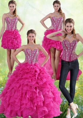 Detachable Hot Pink Sweetheart Quinceanera Gown with Beading and Ruffles