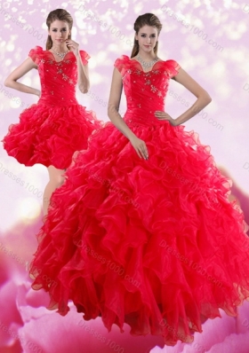 Detachable Red Sweetheart Dresses for Quince with Ruffles and Beading