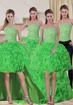 Detachable Spring Green Strapless Quinceanera Dress with Beading and Ruffles