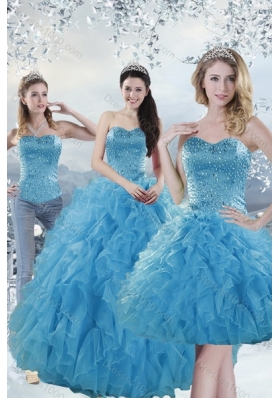 2015 Detachable Baby Blue Quince Dresses with Beading and Ruffles
