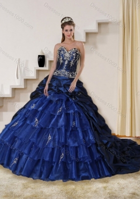 2015 Detachable Embroidery and Beaded Strapless Quinceanera Dress in Navy Blue