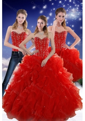 2015 Detachable Red Sweetheart Quince Dresses with Beading and Ruffles