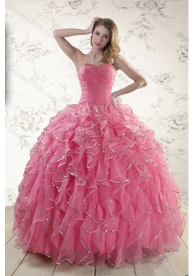 2015 Fashionable Rose Pink Quince Dresses with Paillette and Ruffles