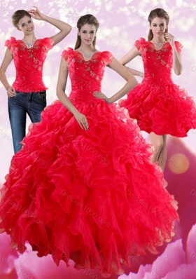 Fashionable Red Sweetheart Quince Dresses with Ruffles and Beading for 2015