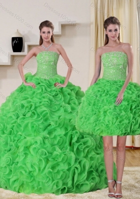 Fashionable Strapless Spring Green Quince Dress with Beading and Ruffles