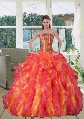 Multi Color Strapless Quince Dress with Beading and Ruffles