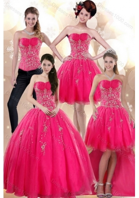 2015 New Style Elegant Strapless Hot Pink Dresses for Quince with Appliques