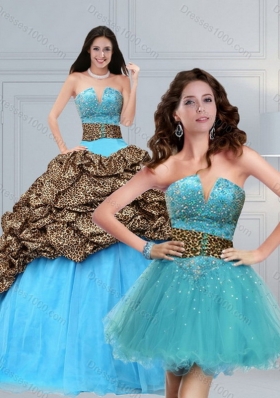 2015 New Style Leopard Printed Baby Blue Brush Train Beading Quinceanera Dress