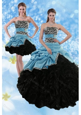 New Style Zebra Print Multi Color Strapless Quince Dresses with Ruffles and Pick Ups