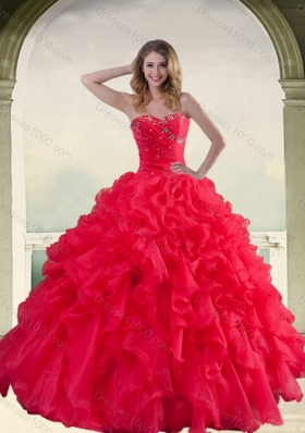 Elegant Red Strapless Quinceanera Dress with Ruffles and Beading