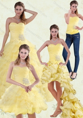 Yellow Beaded and Ruffled Sweetheart Sweet Sixteen Dress for 2015