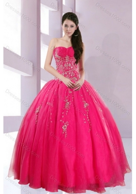 2015 Fshionable Strapless Hot Pink Sweet Sixteen Dresses with Appliques