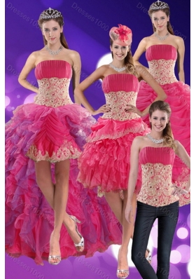 2015 Unique and Detachable Modest Beading and Lace Quinceanera Dresses in Hot Pink