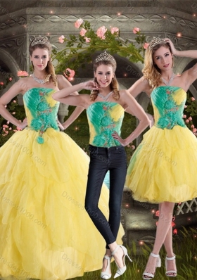 2015 Unique and Detachable Yellow and Green Quince Dresses with Ruching