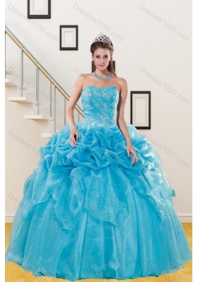 2015 Beautiful Teal Quince Gown with Embroidery and Pick Ups