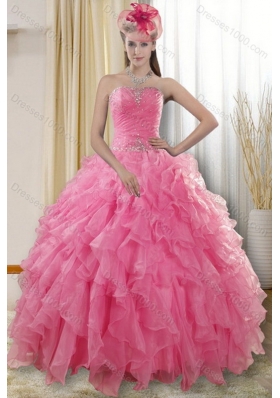 2015 Pretty Rose Pink Quinceanera Dresses with Ruffles and Beading