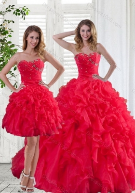 2015 Red Strapless Quinceanera Dress with Ruffles and Beading