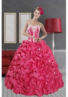 Inexpensive Hot Pink Dresses for Quince with Pick Ups and Appliques