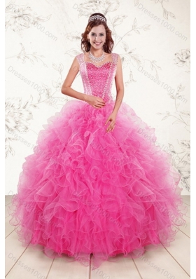 Popular 2015 Sweetheart Hot Pink Quince Gown with Beading and Ruffles