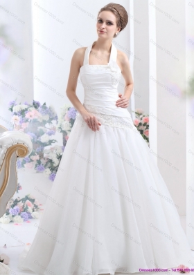 Perfect 2015 Halter Top Wedding Dress with Ruching and Hand Made Flowers