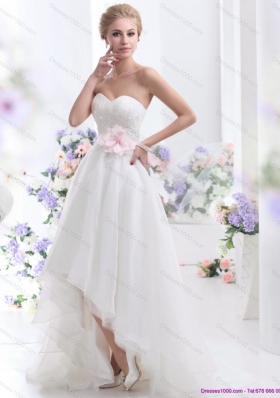 2015 New Style Sweetheart High Low Wedding Dress with Lace and Hand Made Flowers
