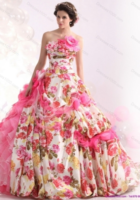 Ruffles Multi Color Bridal Gown with Brush Train and Hand Made Flowers