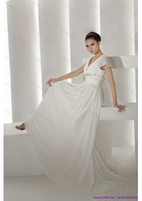 2015 Popular Brush Train White Wedding Dresses with Ruching and Beading
