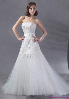 2015 Popular White Strapless Wedding Dresses with Sequins and Brush Train
