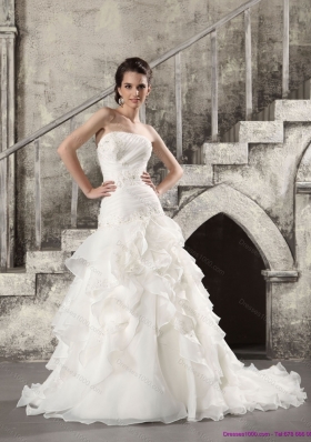 2015 Pretty White Strapless Bridal Gowns with  Brush Train and Ruffles