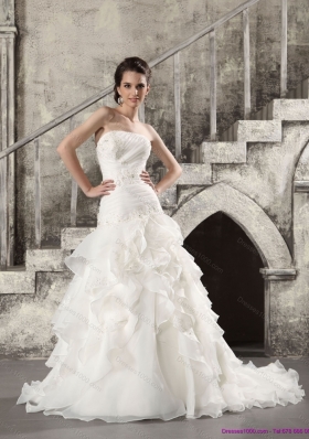2015 Pretty White Strapless Bridal Gowns with Brush Train and Ruffles