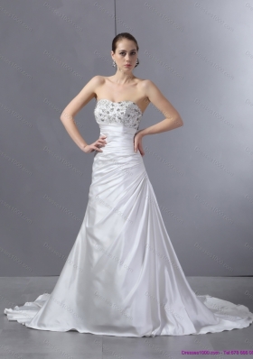 2015 White Pleated Sequined Wedding Dresses with Court Train