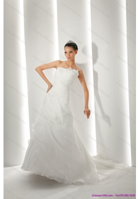 Unique Brush Train Ruching White Wedding Dresses with Appliques for 2015