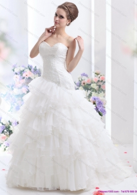 White 2015 Brush Train Wedding Dresses with Ruffled Layers and Sequins