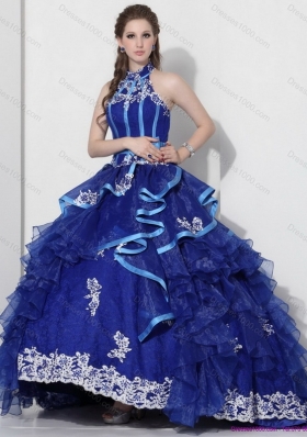 Halter Top Appliques Blue 2015 Quinceanera Dresses with Ruffles and Brush Train