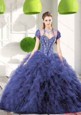 Most Popular Navy Blue Quinceanera Gown with Beading and Ruffles for 2015