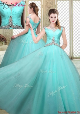 Luxurious Straps Beading Sweet 16 Dresses in Aqua Blue