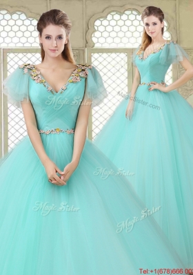 Exquisite V Neck Mint Sweet 16 Dresses with Appliques