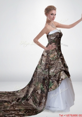 Perfect and Elegant A Line Strapless Camo Wedding Dresses with Court Train