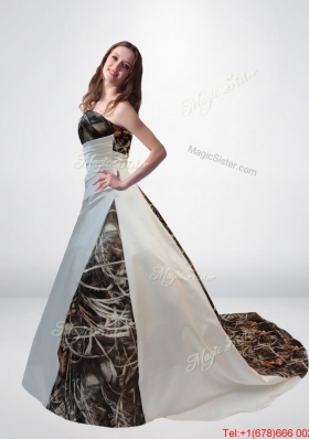 Perfect and Romantic A Line Strapless Camo Wedding Dresses with Chapel Train