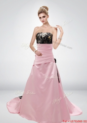 Perfect  Pink A Line Strapless Fashionable Camo Wedding Dresses with Hand Made Flower