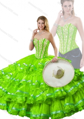Hot Sale Spring Green Detachable Sweet 16 Dresses with Beading and Ruffled Layers
