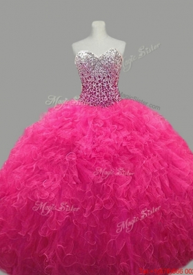 Puffy Sweetheart Hot Pink Quinceanera Dresses with Beading and Ruffles