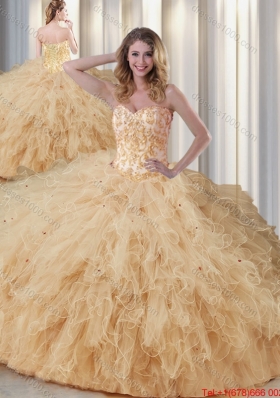 2016 Exquisite Sweetheart Champagne Quinceanera Dresses with Appliques and Ruffles
