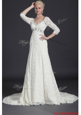 Pretty Beautiful Empire Lace White Long Wedding Dresses with Court Train for 2016